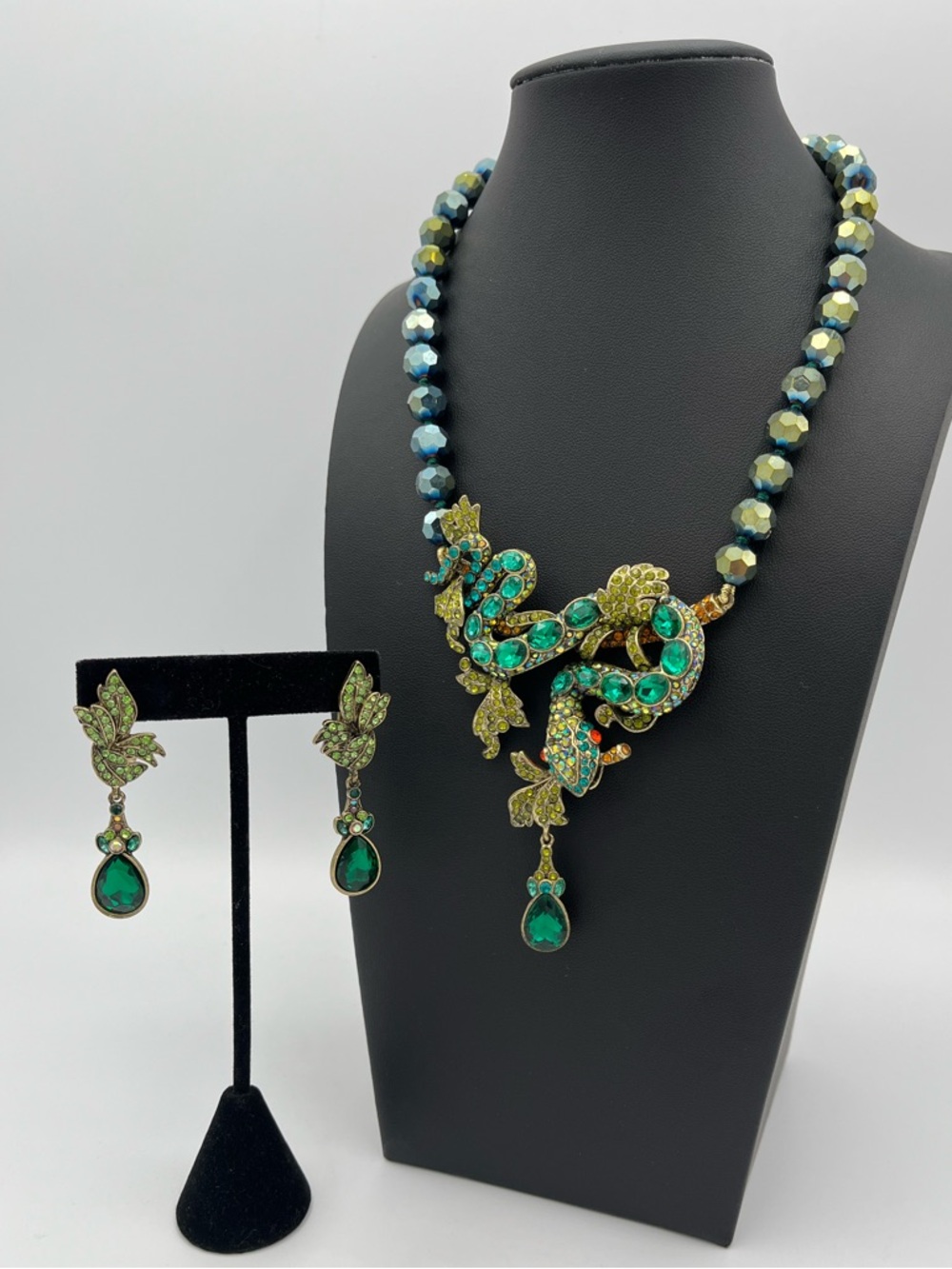 Rare Heidi Daus Secret Serpent Emerald Crystal Necklace And Earring Set